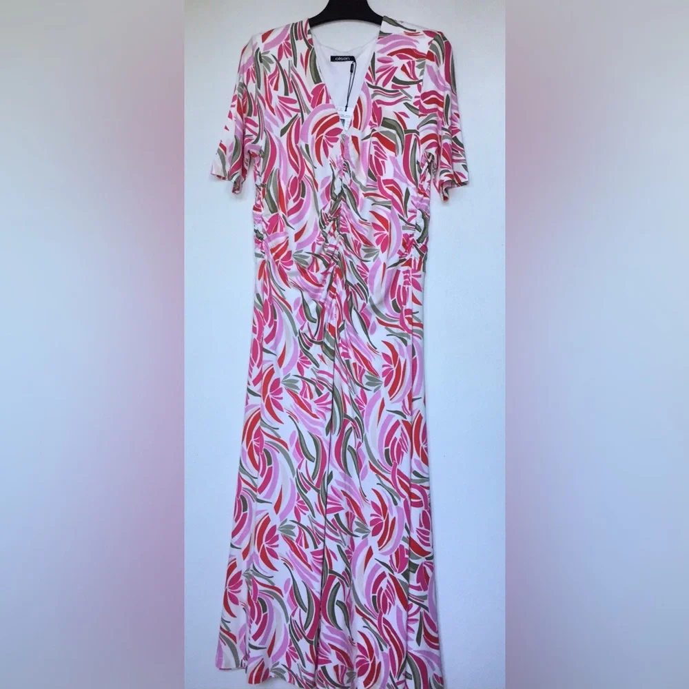 Olsen Pink Leaf Design Jersey Ruched Front Midi Dress Size Large - Picture 5 of 13